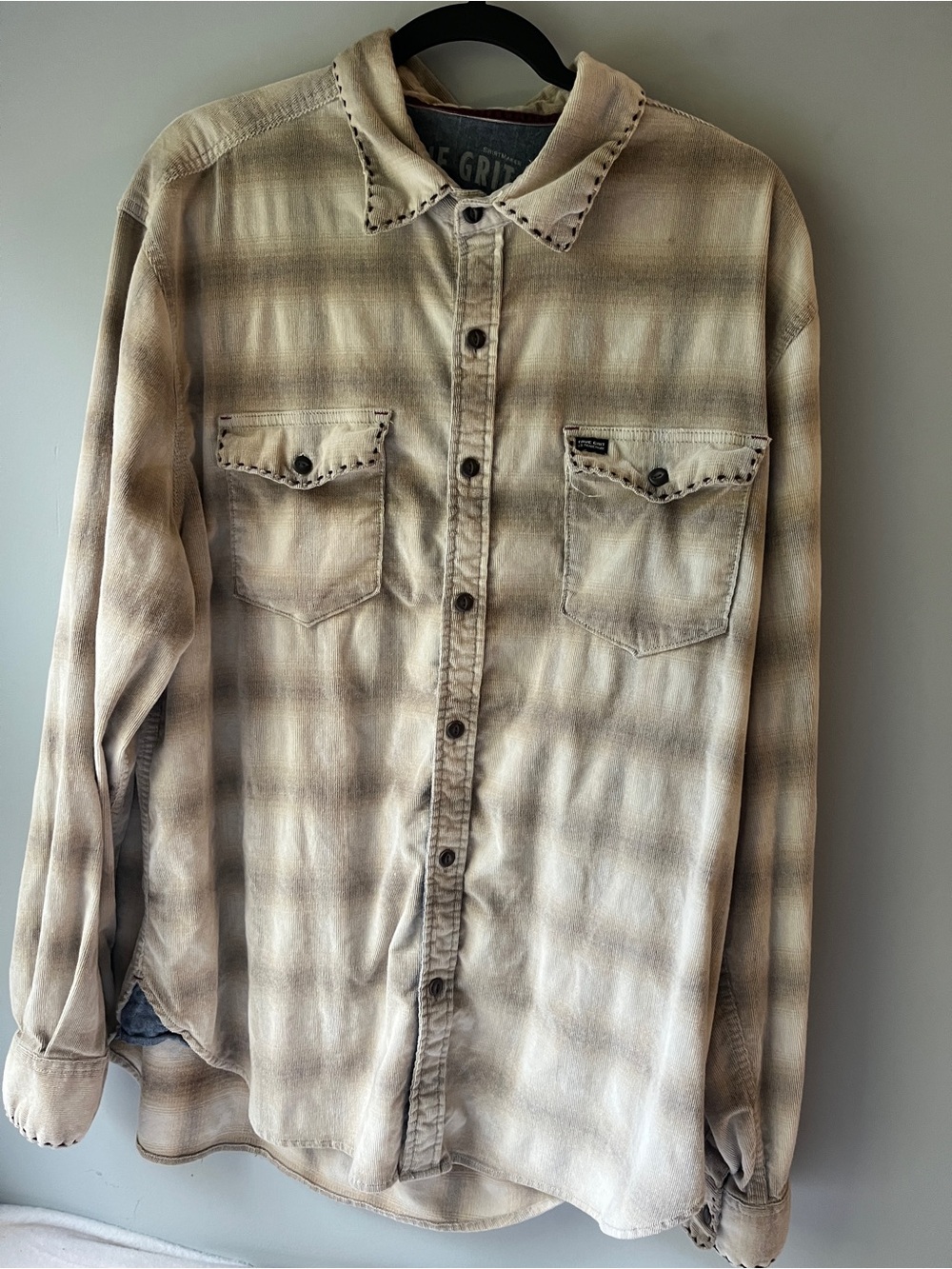 True Grit Beige Plaid Button-Down Shirt XL